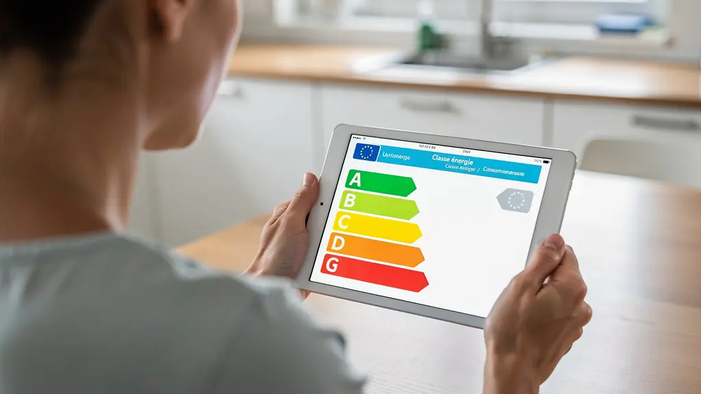 Propriétaire consultant étiquette DPE colorée sur tablette dans cuisine moderne
