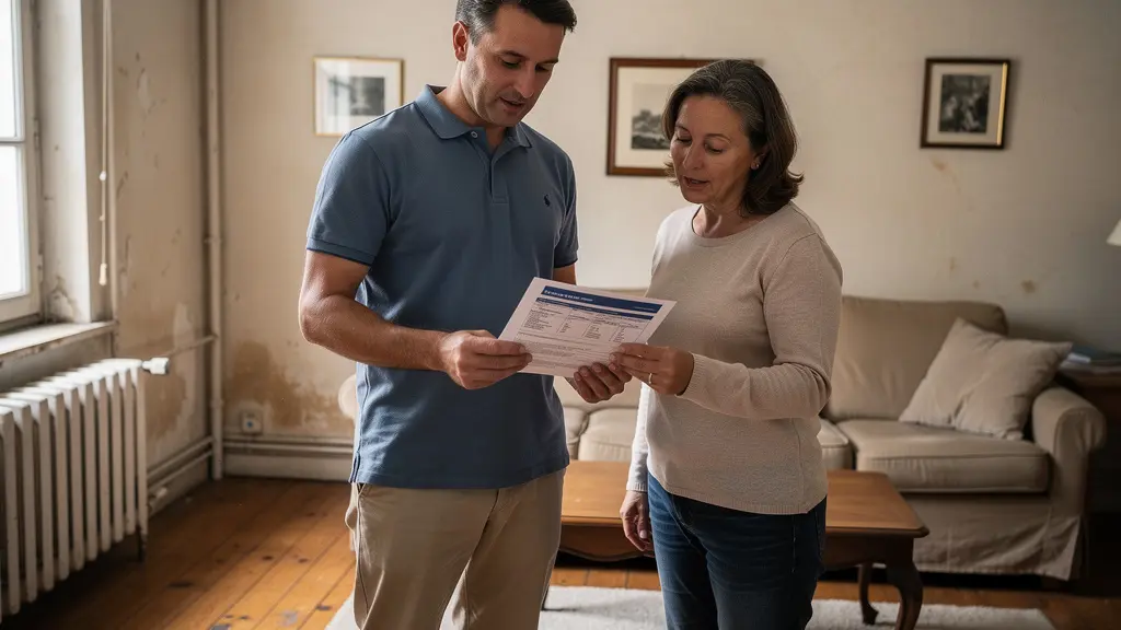 Diagnostiqueur expliquant rapport énergétique à propriétaire dans salon maison ancienne