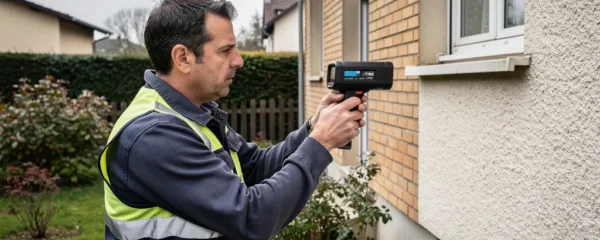 Diagnostiqueur immobilier inspectant façade maison années 70 avec caméra thermique