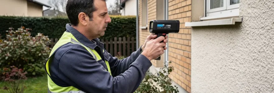 Diagnostiqueur immobilier inspectant façade maison années 70 avec caméra thermique